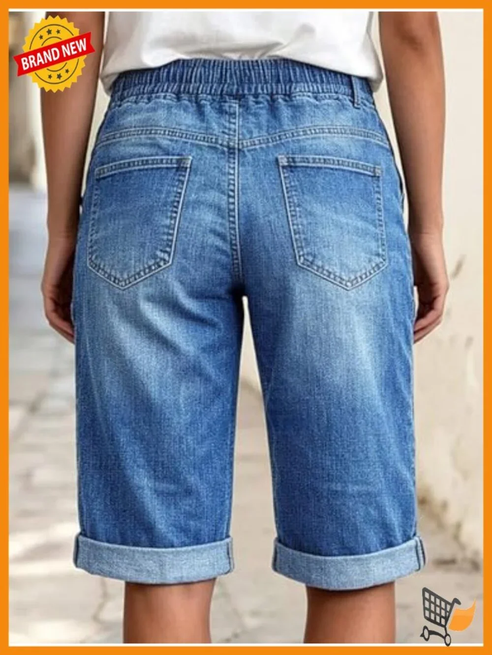 Mid Rise Straight Leg Bermuda Denim Shorts with Drawstring Wash Stitch Detail